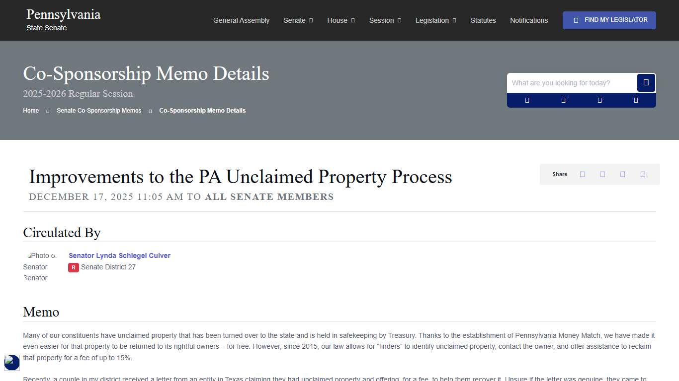 Senate Co-Sponsorship Memo 47797 Information; 2025-2026 Regular Session - PA State Senate